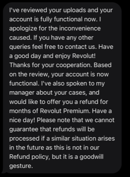 Revolut chat screen showing refund